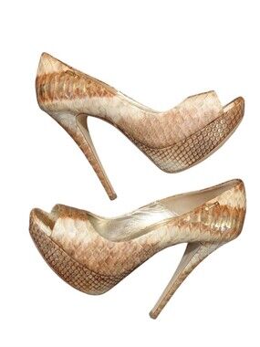 Loriblu Elegant Tan And Gold Snakeskin Platform Peep-Toe High Heel Stiletto 7